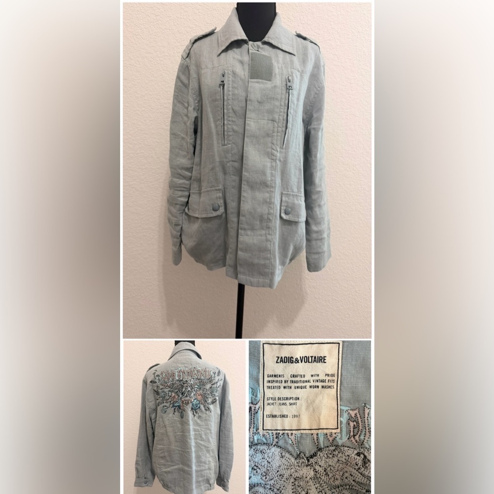 Zadig & Voltaire Dusty Blue Linen Utility Jacket | Military Style Flap Pockets